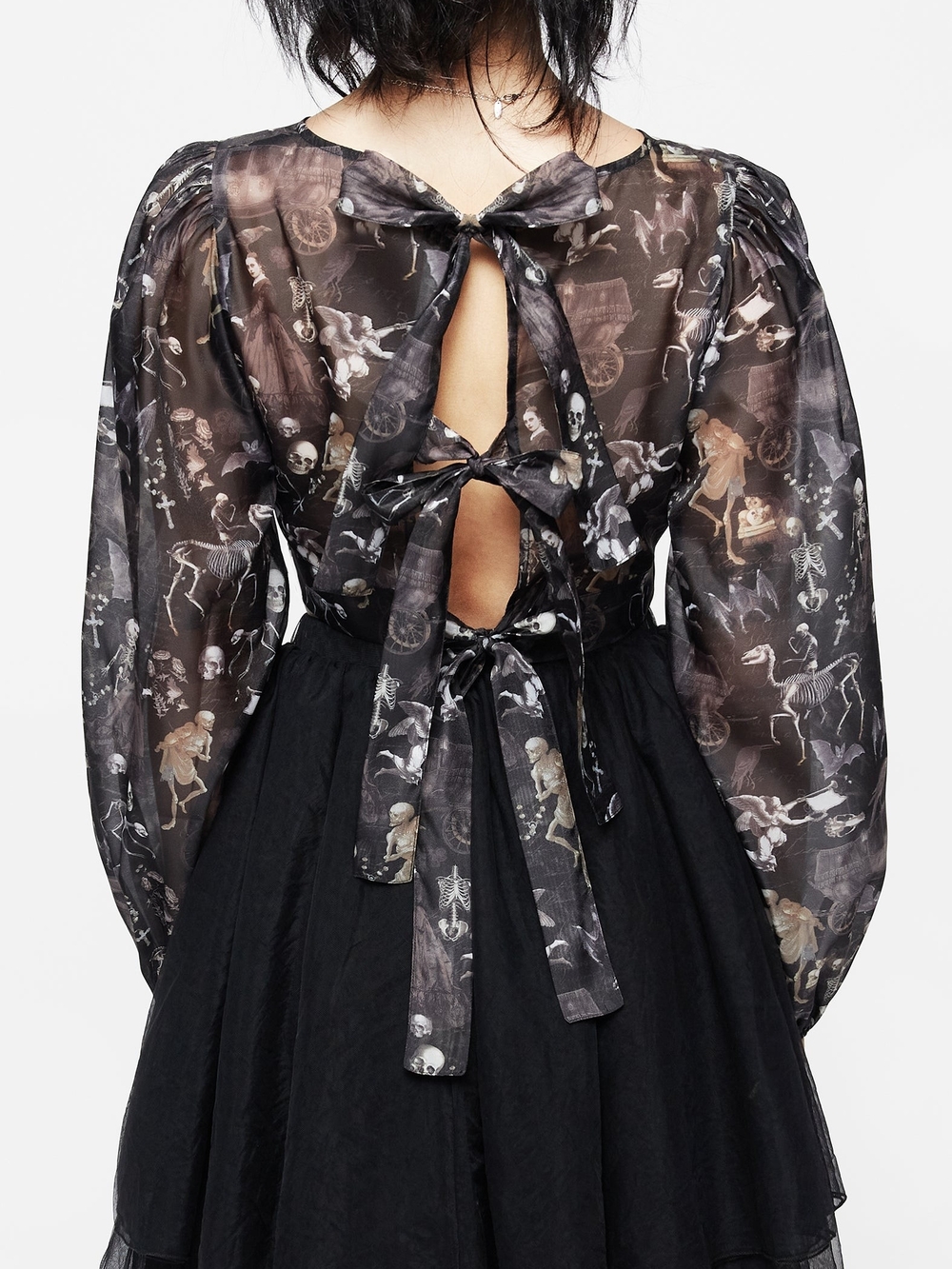 Disturbia 💀 Deadstock Sheer Black Skeleton-Print Tie-Back Top